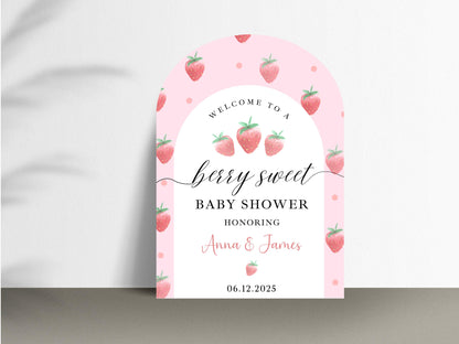 Printed Arch Berry Sweet Baby Shower Welcome Sign with Strawberries, Custom Name Foam Board, Pink Summer Party Decor Sign, Berry Sweet Decor