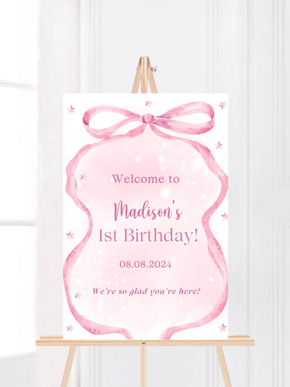 Printed Pink Ribbon 1st Birthday Foam Board Welcome Sign, Girl Party Foam Board, Floral Bow Theme, Personalized Name Poster Birthday Decor