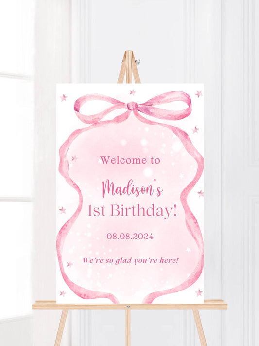 Printed Pink Ribbon 1st Birthday Foam Board Welcome Sign, Girl Party Foam Board, Floral Bow Theme, Personalized Name Poster Birthday Decor