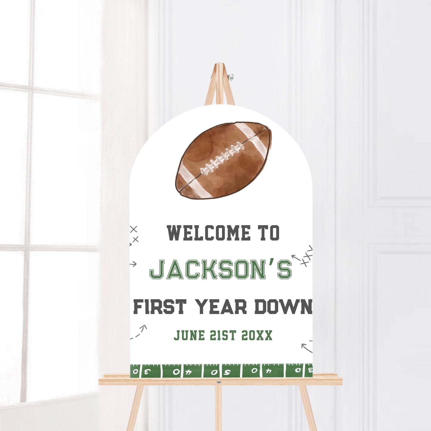 Printed Arch Football First Birthday Welcome Sign, Custom Name Kids Birthday Party Board, Sports Theme Party Foam Board, Boy Birthday Decor