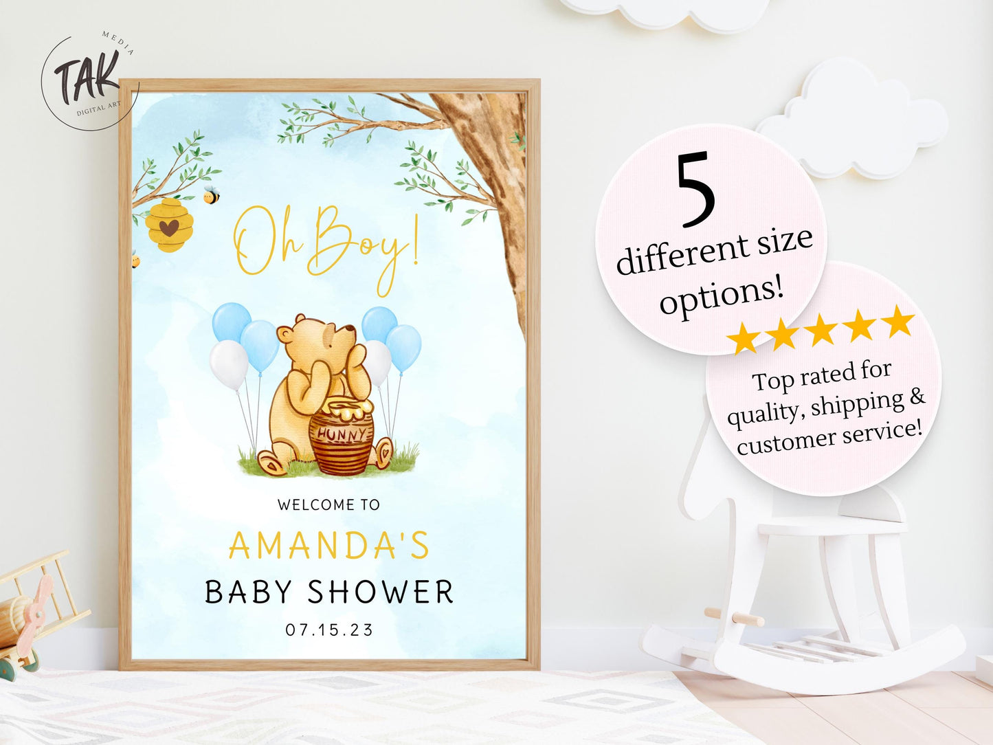Printed Winnie The Pooh Baby Shower Welcome Sign, Custom Pooh Baby Shower Welcome, Printed Baby Boy Winnie The Pooh Foam Board Welcome Sign