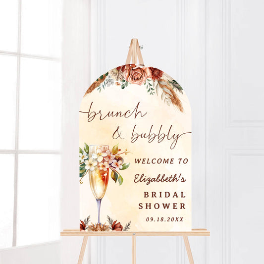 Printed Arch Brunch and Bubbly Bridal Shower Welcome Sign Fall Florals, Custom Name Champagne Poster, Personalized Foam Board Bridal Decor
