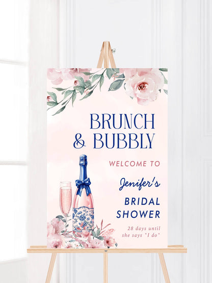 Printed Brunch and Bubbly Bridal Shower Welcome Sign, Pink Champagne & Blue Bows, Custom Bridal Foam Board, Floral Wedding Party Decor