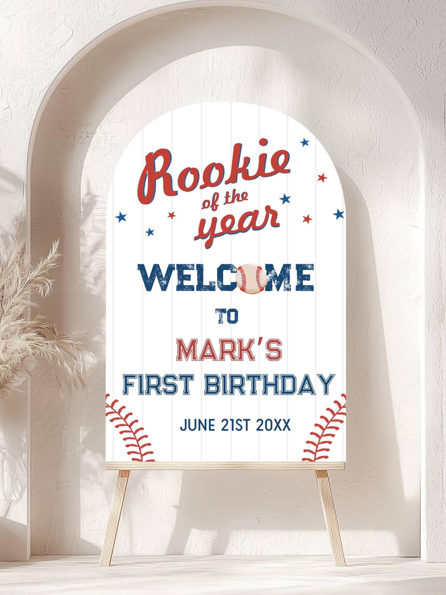 Printed Arch Baseball Rookie of the Year 1st Birthday Welcome Sign, Custom Foam Board Birthday Decor, Boy First Birthday Sports Theme Custom