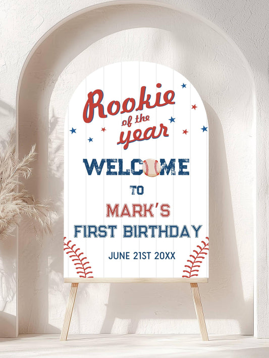 Printed Arch Baseball Rookie of the Year 1st Birthday Welcome Sign, Custom Foam Board Birthday Decor, Boy First Birthday Sports Theme Custom