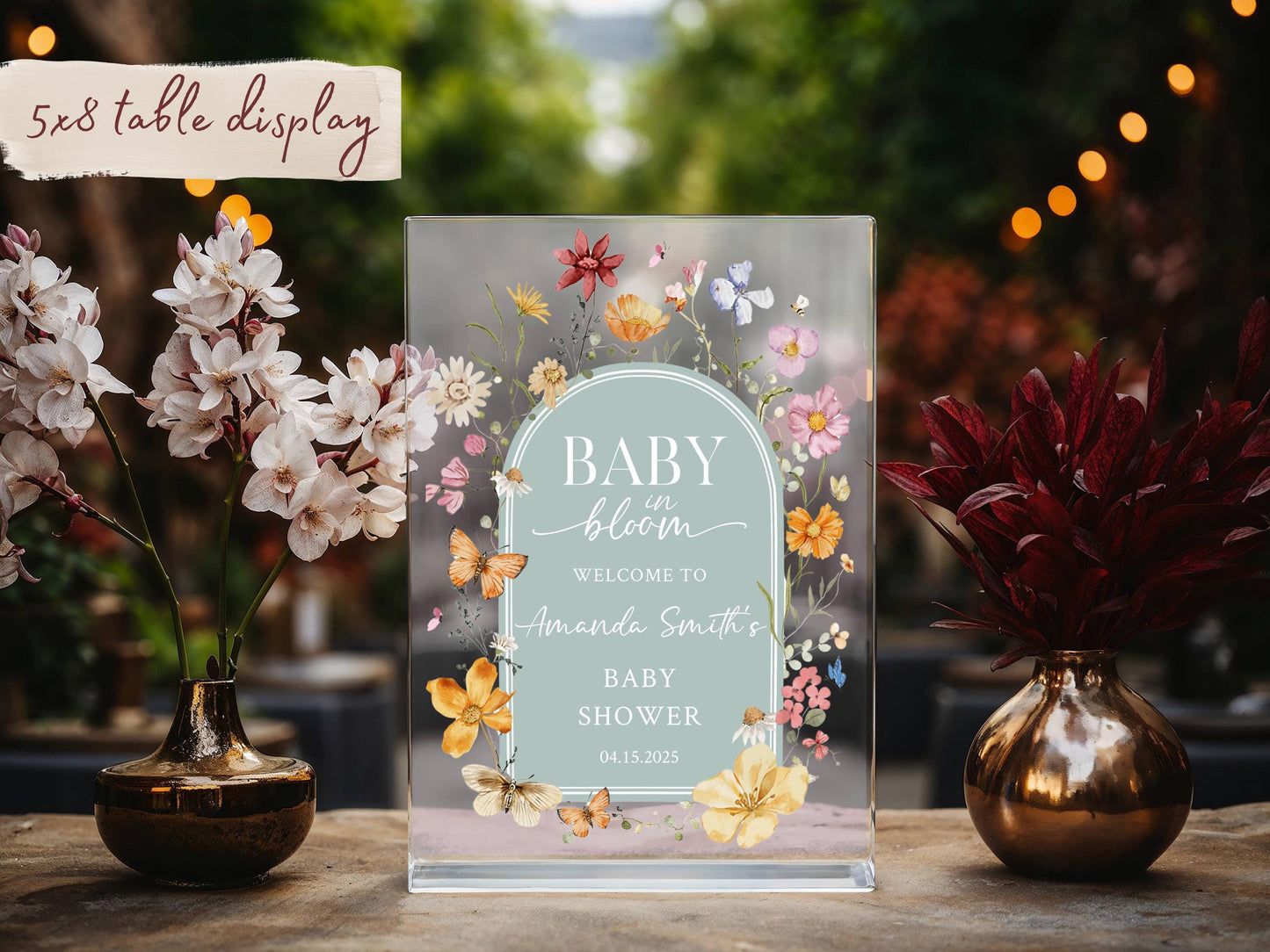 Baby in Bloom Acrylic Baby Shower Sign – Personalized Floral Welcome Sign for Baby Shower