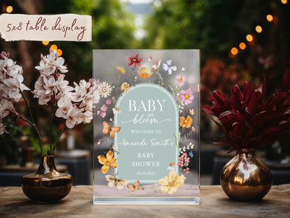 Baby in Bloom Acrylic Baby Shower Sign – Personalized Floral Welcome Sign for Baby Shower