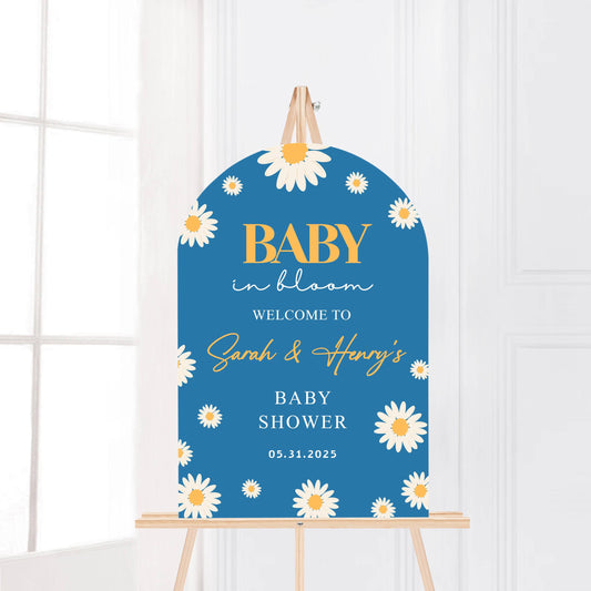 Printed Arch Baby in Bloom Baby Shower Welcome Sign, Blue Floral Shower Welcome, Custom Printed Boy Custom Daisy Foam Board Party Welcome