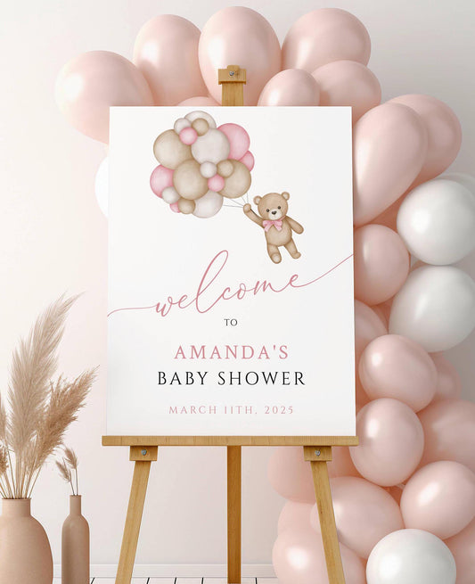 Baby Shower We Can Bearly Wait Baby Girl Foam Welcome Sign, Baby Balloon Bear