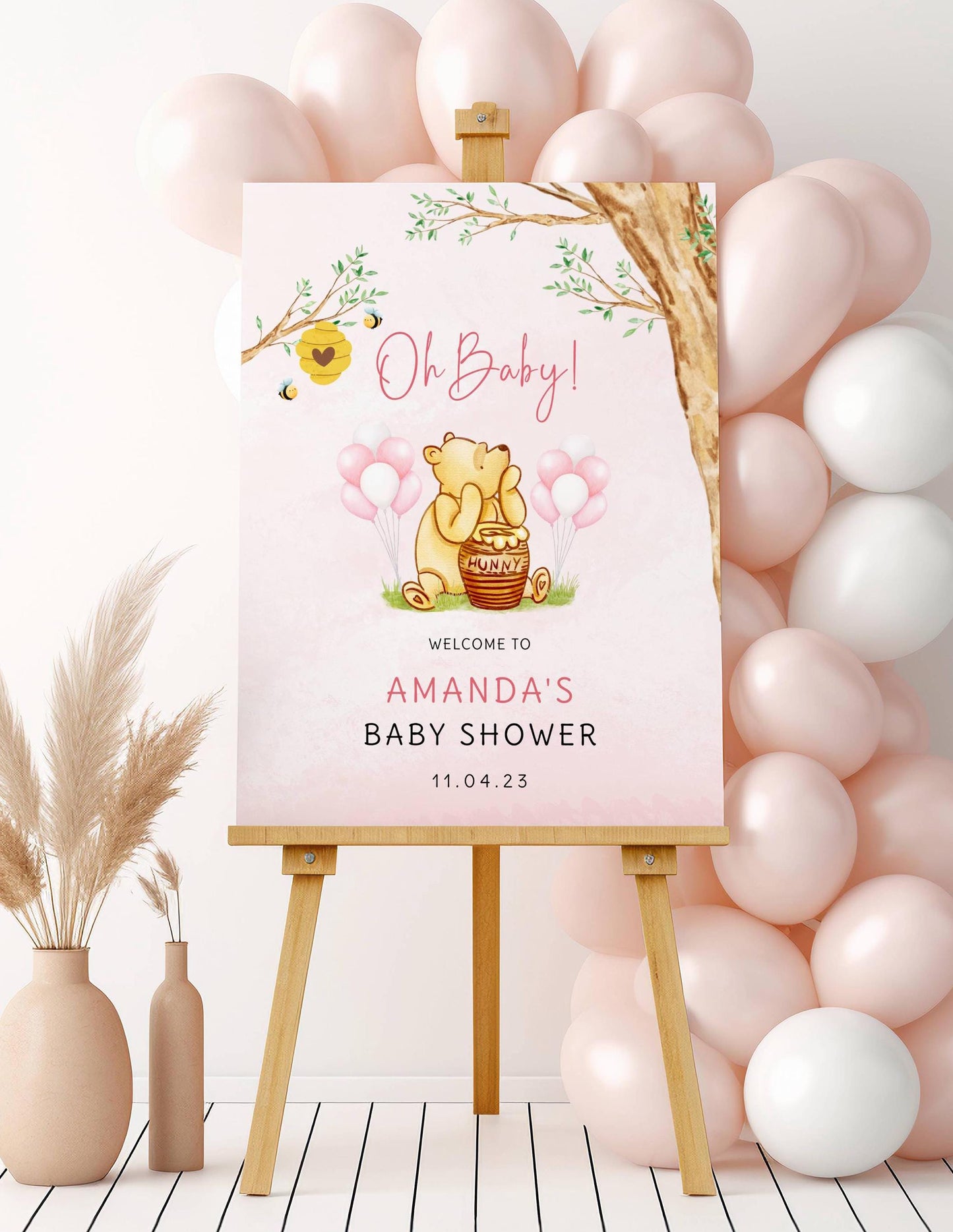 Winnie The Pooh Baby Shower Welcome Sign, Pooh Baby Shower Welcome, Custom Printed Baby Girl Winnie The Pooh Foam Board
