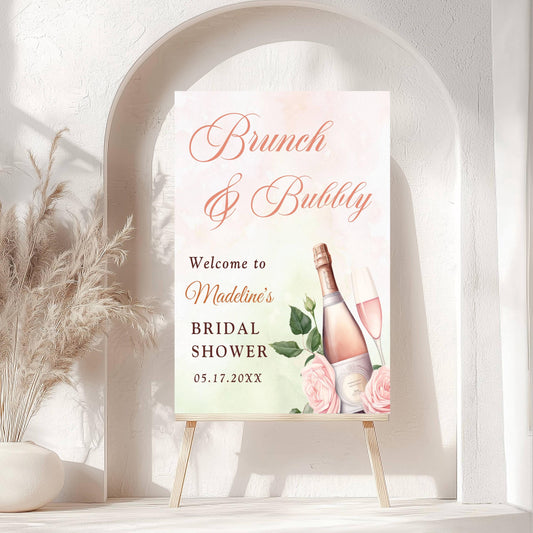 Printed Brunch and Bubbly Bridal Shower Welcome Sign with Rose Champagne, Custom Foam Board, Elegant Pink Green Bridal Brunch Decor Poster