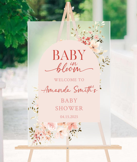 Baby in Bloom Baby Shower Sign – Custom Acrylic or Foam Board Sign, Floral Theme Welcome Sign, Personalized Baby Shower Decor, Custom Decor