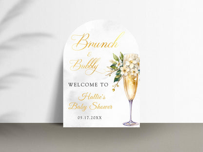 Printed Arch Brunch and Bubbly Baby Shower Welcome Sign with Champagne Glass & Florals, Custom Foam Board for Mom, Elegant Gold Decor Poster