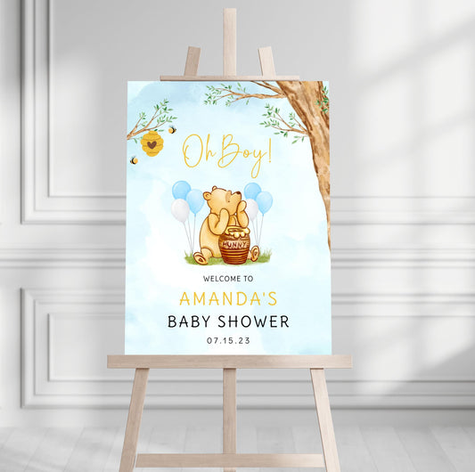 Printed Winnie The Pooh Baby Shower Welcome Sign, Custom Pooh Baby Shower Welcome, Printed Baby Boy Winnie The Pooh Foam Board Welcome Sign