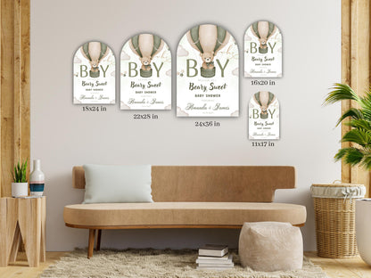 Printed Arch Beary Sweet Baby Shower Welcome Sign for Boy, Teddy Bear Hot Air Balloon Sage Theme, Custom Foam Board, Personal Neutral Decor