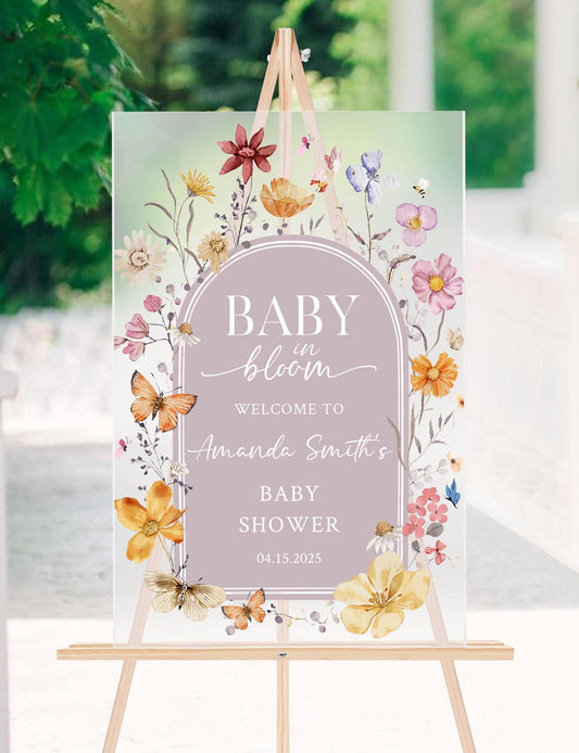 Baby in Bloom Acrylic Baby Shower Sign – Personalized Floral Welcome Sign for Spring Baby Shower, Custom Event Decor