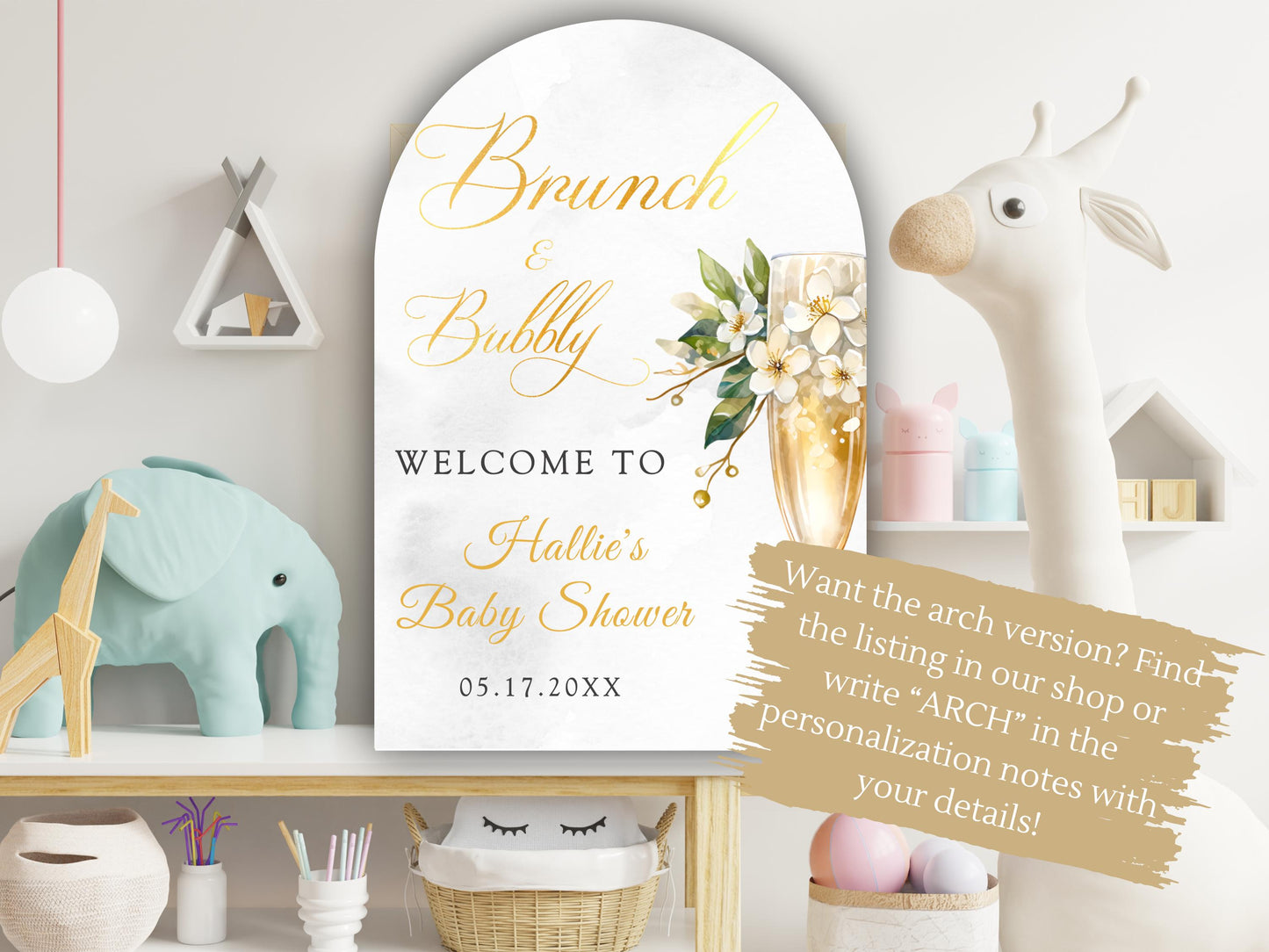Printed Brunch and Bubbly Baby Shower Welcome Sign with Champagne Glass & Florals, Custom Foam Board for Mom, Elegant Gold Decor Poster