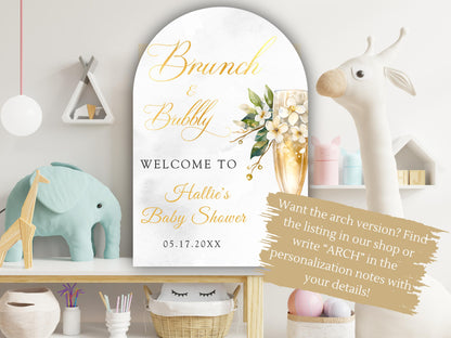 Printed Brunch and Bubbly Baby Shower Welcome Sign with Champagne Glass & Florals, Custom Foam Board for Mom, Elegant Gold Decor Poster