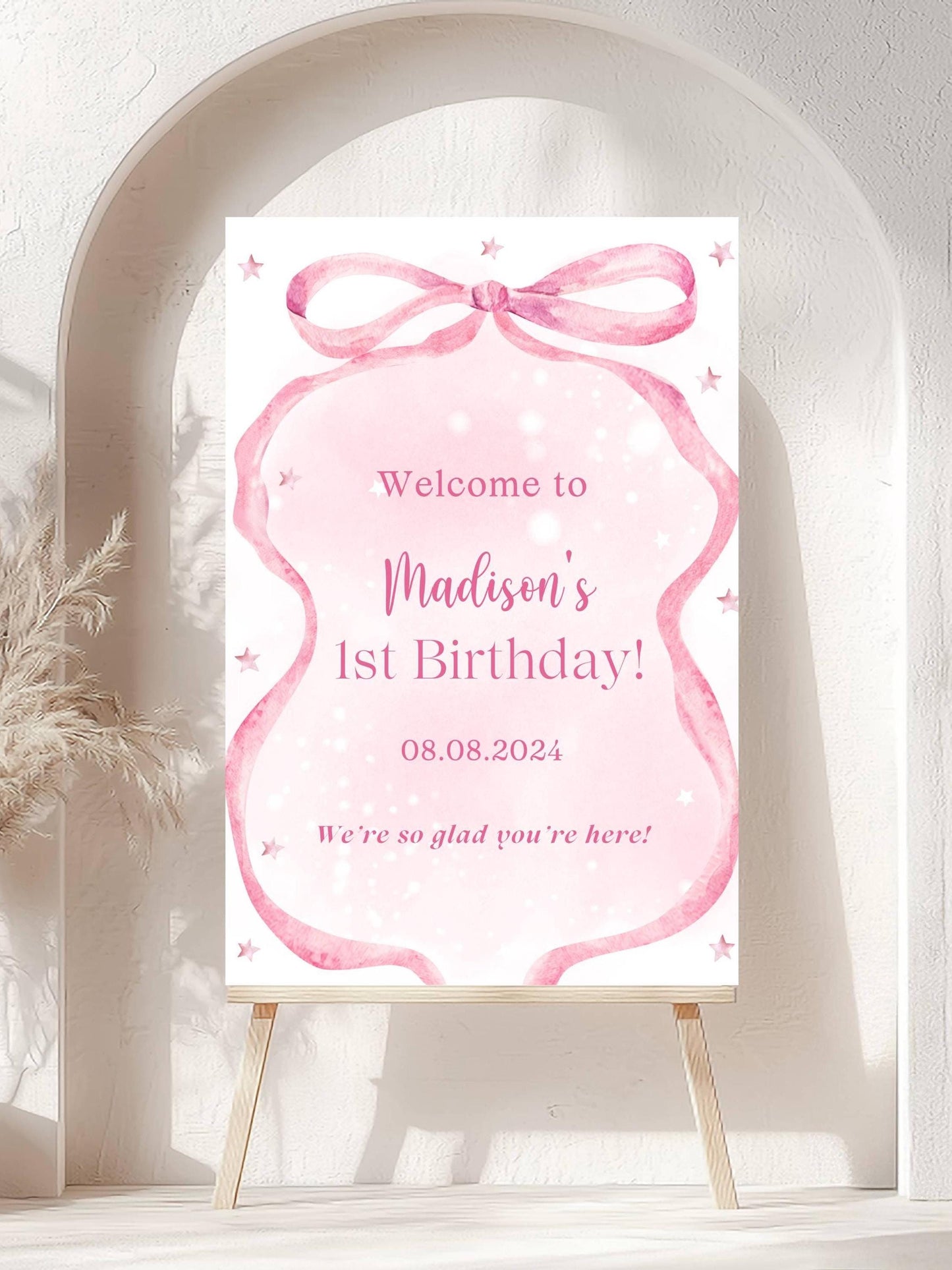 Printed Pink Ribbon 1st Birthday Foam Board Welcome Sign, Girl Party Foam Board, Floral Bow Theme, Personalized Name Poster Birthday Decor