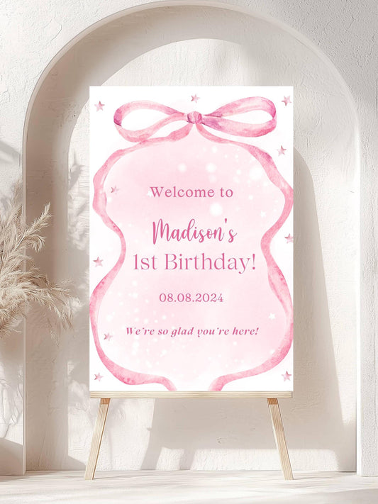 Printed Pink Ribbon 1st Birthday Foam Board Welcome Sign, Girl Party Foam Board, Floral Bow Theme, Personalized Name Poster Birthday Decor