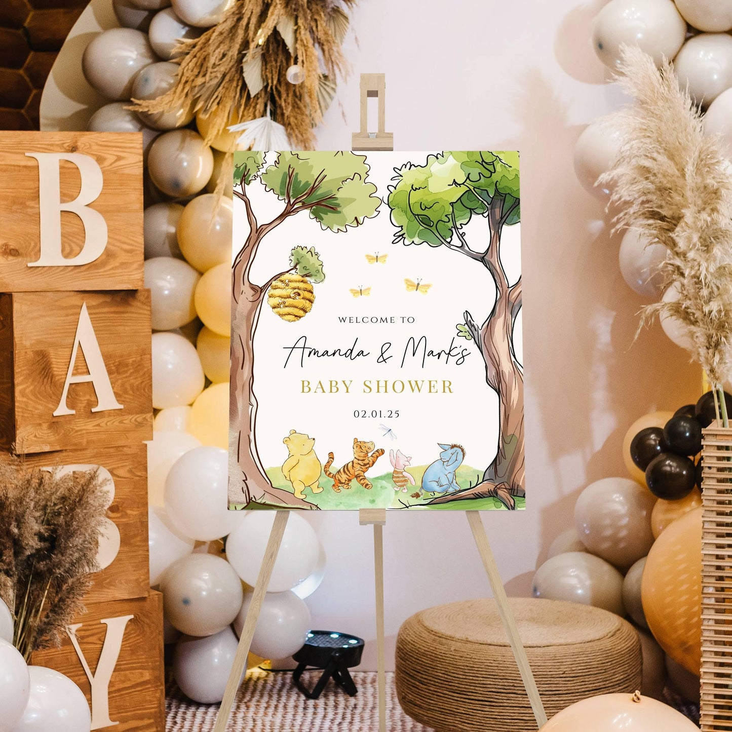 Printed Winnie The Pooh Baby Shower Welcome Sign, Pooh Baby Shower Welcome, Printed Gender Neutral Winnie The Pooh Foam Board Welcome Sign