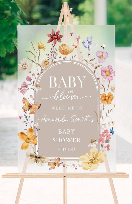 Baby in Bloom Acrylic Baby Shower Sign – Personalized Floral Welcome Sign for Spring Baby Shower