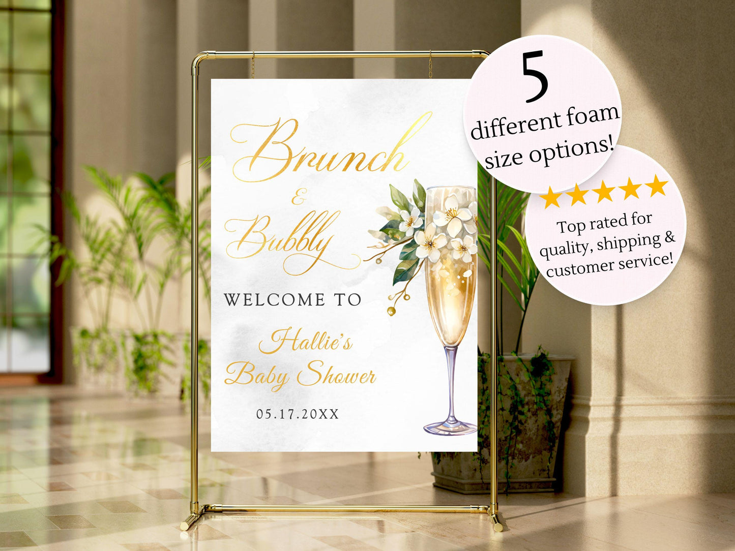 Printed Brunch and Bubbly Baby Shower Welcome Sign with Champagne Glass & Florals, Custom Foam Board for Mom, Elegant Gold Decor Poster