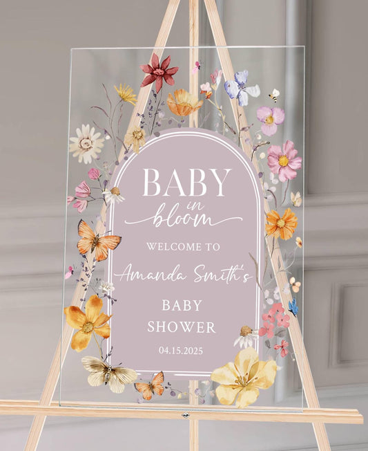 Baby in Bloom Acrylic Baby Shower Sign – Personalized Floral Welcome Sign for Spring Baby Shower, Custom Event Decor