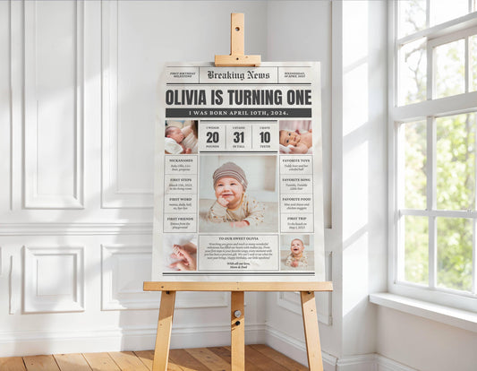 Personalized First Birthday Newspaper Sign – Custom Baby Milestone Foam Board Poster for Girl or Boy, 1st Birthday Party Decor