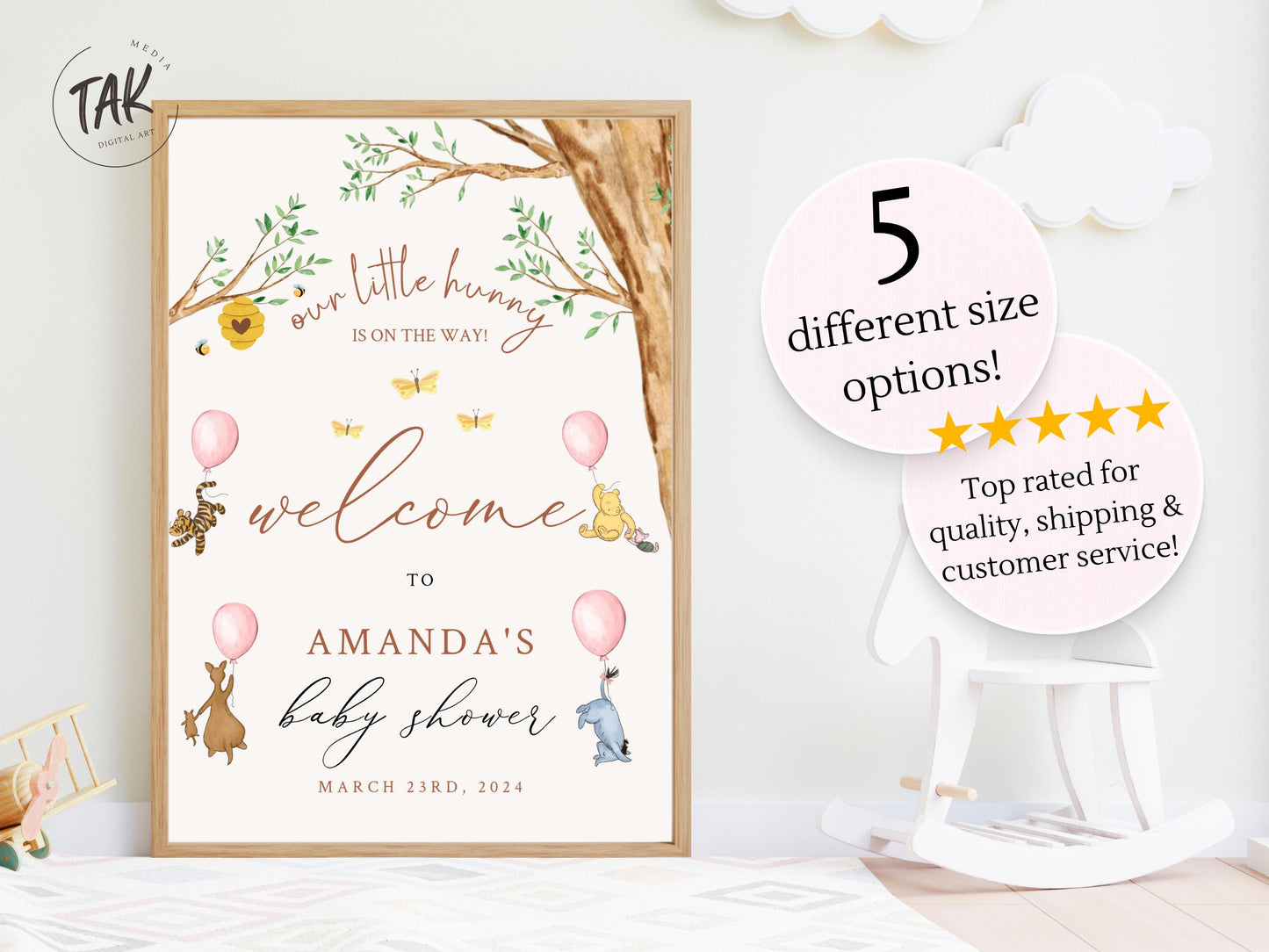 Winnie The Pooh Baby Girl Shower Welcome Sign, Pooh Baby Shower Welcome