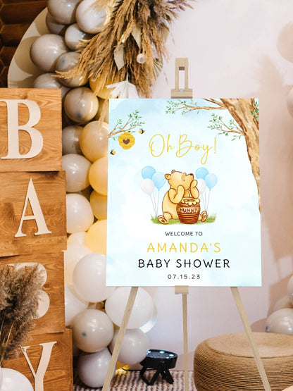 Printed Winnie The Pooh Baby Shower Welcome Sign, Pooh Baby Shower Welcome, Custom Printed Baby Boy Winnie The Pooh Foam Board Welcome Sign
