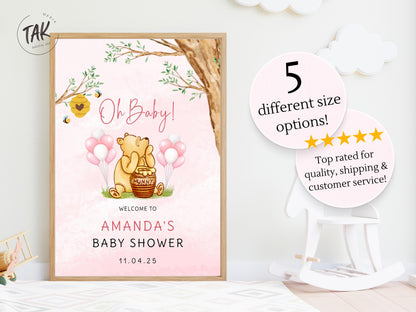 Winnie The Pooh Baby Shower Welcome Sign, Pooh Baby Shower Welcome, Custom Printed Baby Girl Winnie The Pooh Foam Board