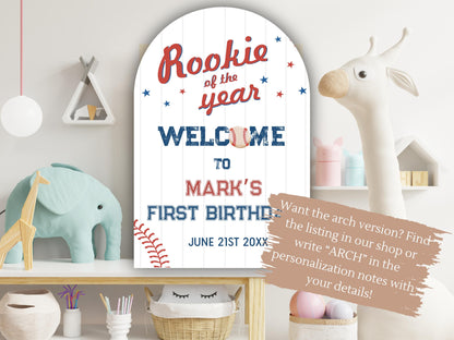 Printed Baseball Rookie of the Year 1st Birthday Welcome Sign, Custom Foam Board Birthday Decor, Boy First Birthday Sports Theme Custom Sign