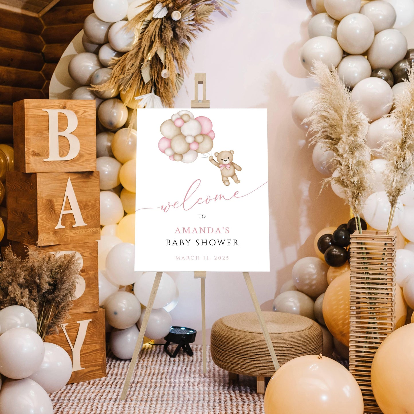 Baby Shower We Can Bearly Wait Baby Girl Foam Welcome Sign, Baby Balloon Bear