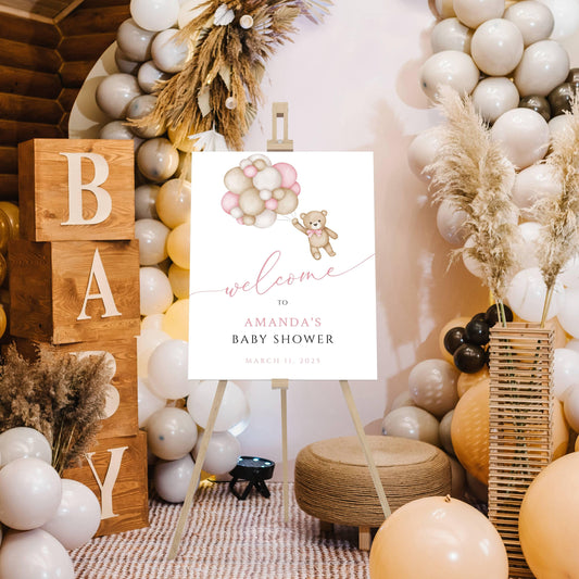 Baby Shower We Can Bearly Wait Baby Girl Foam Welcome Sign, Baby Balloon Bear