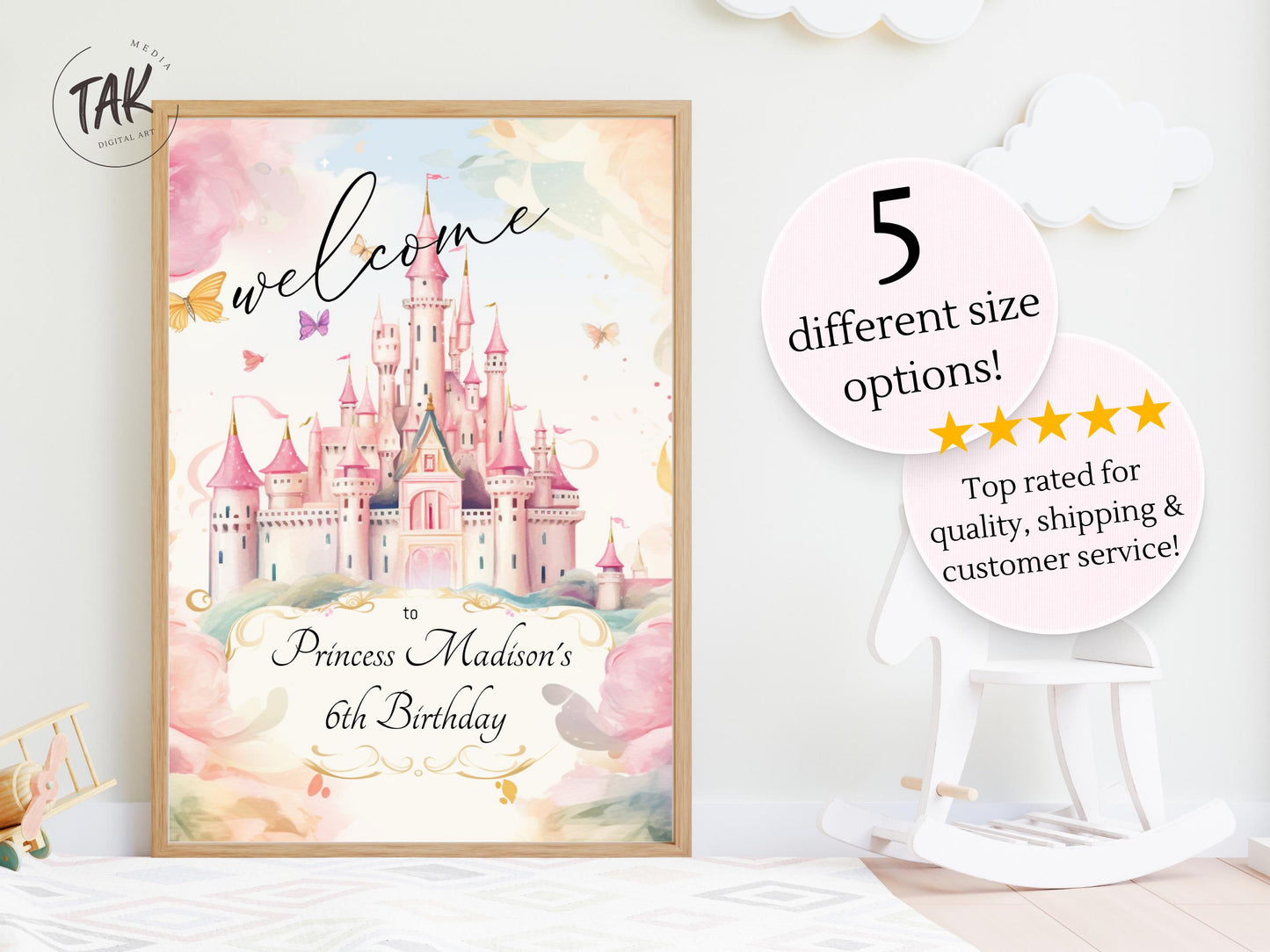 Princess Birthday Welcome Sign, Girls Princess Birthday Party Foam Welcome Sign, Printed Foam Board Welcome Sign