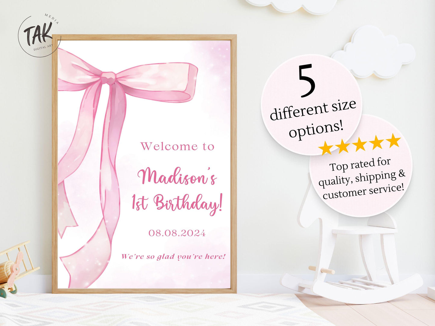 Printed Pink Bow First Birthday Sign Foam Board, Elegant Girl Welcome Poster, Custom Blush Ribbon Party Decor, Printable or Shipped Display