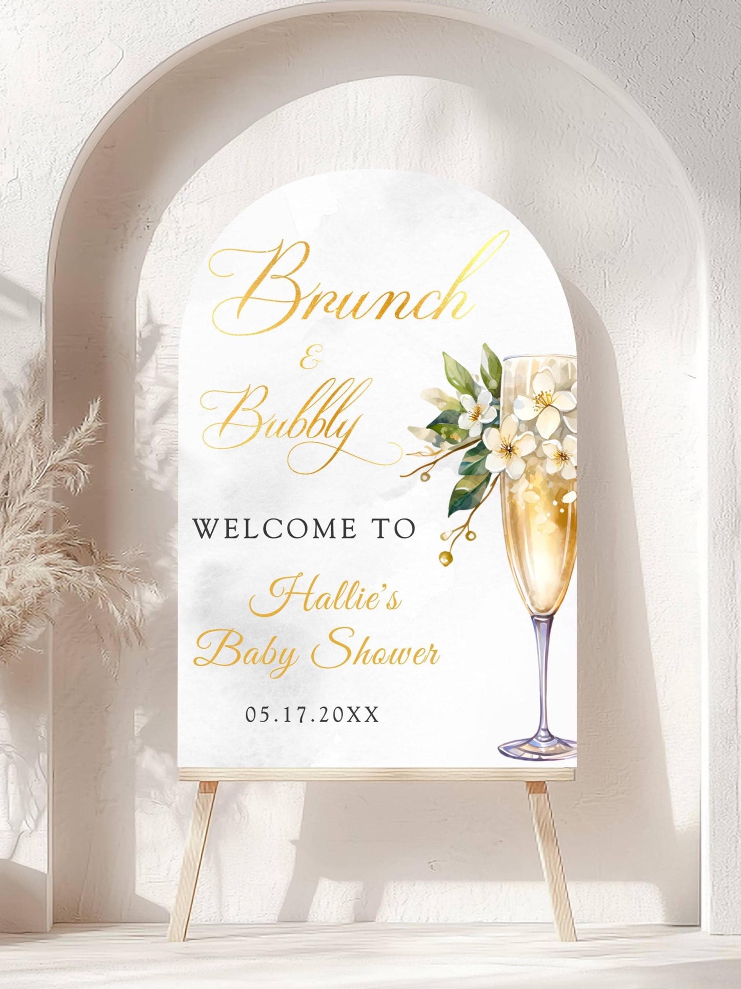 Printed Arch Brunch and Bubbly Baby Shower Welcome Sign with Champagne Glass & Florals, Custom Foam Board for Mom, Elegant Gold Decor Poster
