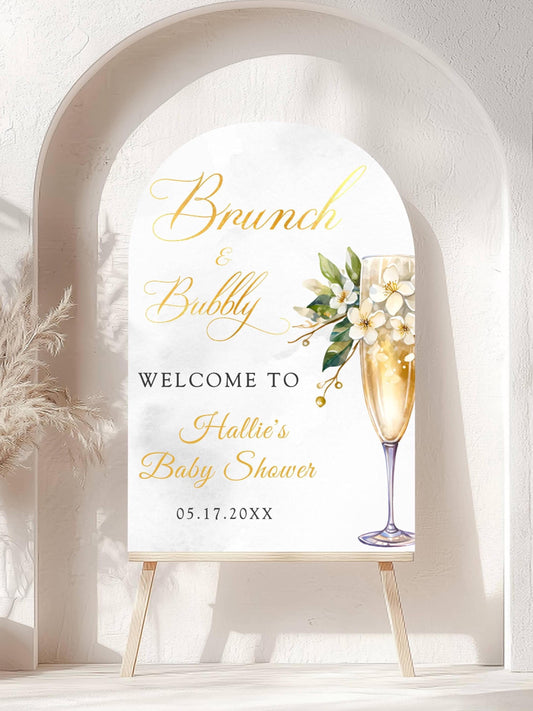 Printed Arch Brunch and Bubbly Baby Shower Welcome Sign with Champagne Glass & Florals, Custom Foam Board for Mom, Elegant Gold Decor Poster