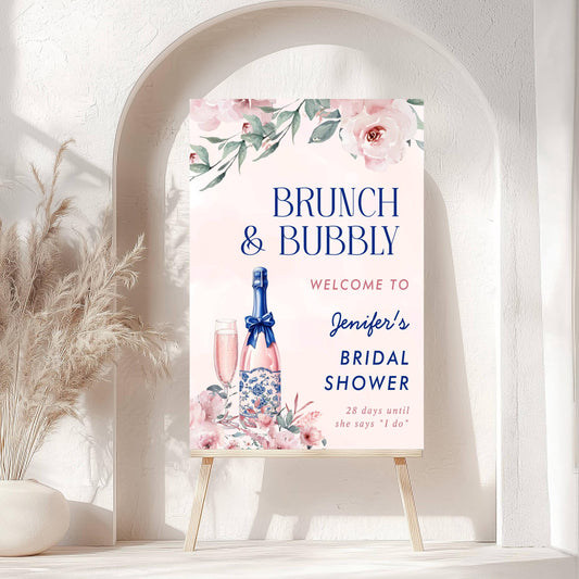 Printed Brunch and Bubbly Bridal Shower Welcome Sign, Pink Champagne & Blue Bows, Custom Bridal Foam Board, Floral Wedding Party Decor