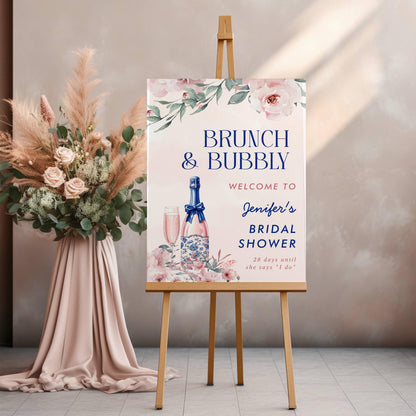 Printed Brunch and Bubbly Bridal Shower Welcome Sign, Pink Champagne & Blue Bows, Custom Bridal Foam Board, Floral Wedding Party Decor