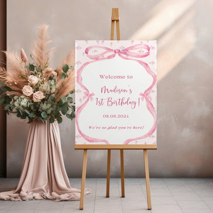 Printed Pink Ribbon 1st Birthday Foam Board Welcome Sign, Girl Party Foam Board, Floral Bow Theme, Personalized Name Poster Birthday Decor