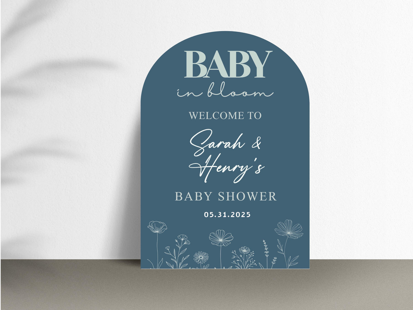 Printed Arch Baby in Bloom Baby Shower Welcome Sign with Wildflowers, Custom Name Foam Board, Modern Blue Baby Boy Decor, Personalized Sign