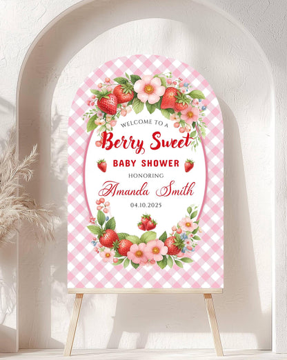 Printed Arch Berry Sweet Baby Shower Foam Board Sign – Strawberry Theme Welcome, Personalized Baby Shower Decor, Girl Baby Shower Decoration