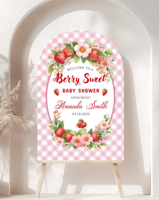 Printed Arch Berry Sweet Baby Shower Foam Board Sign – Strawberry Theme Welcome, Personalized Baby Shower Decor, Girl Baby Shower Decoration