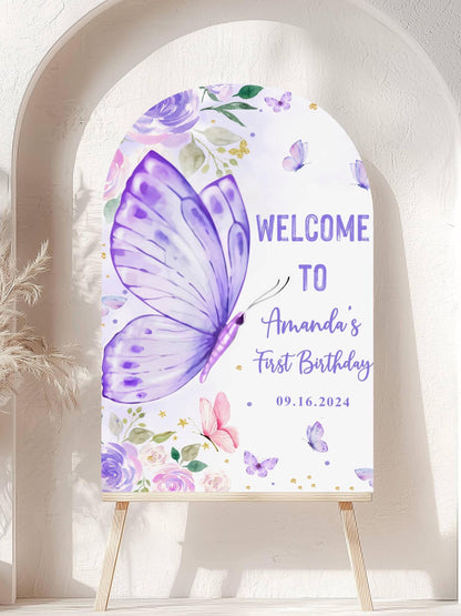 Printed Arch Butterfly First Birthday Sign Foam Board, Purple Floral Welcome Poster, Custom Girl Party Decor, Whimsical Garden Theme Display