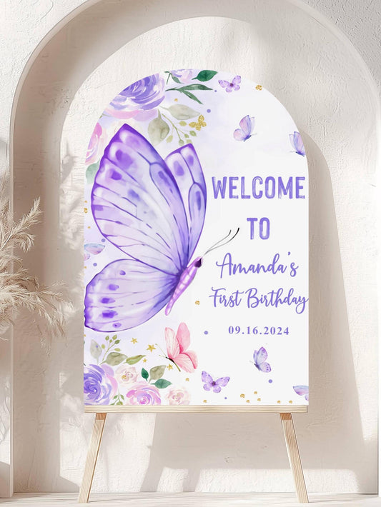 Printed Arch Butterfly First Birthday Sign Foam Board, Purple Floral Welcome Poster, Custom Girl Party Decor, Whimsical Garden Theme Display
