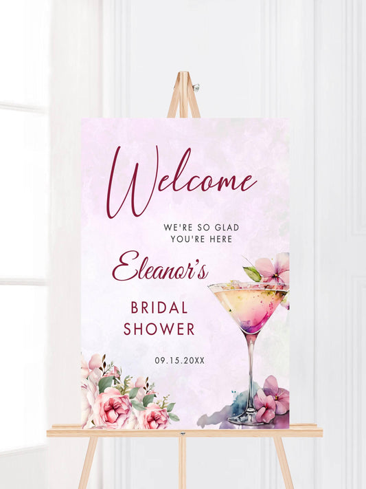 Printed Bridal Shower Welcome Sign Cocktail and Florals, Custom Bridal Foam Board, Blush Pink Brunch Party Decor Poster, Bridal Brunch Sign