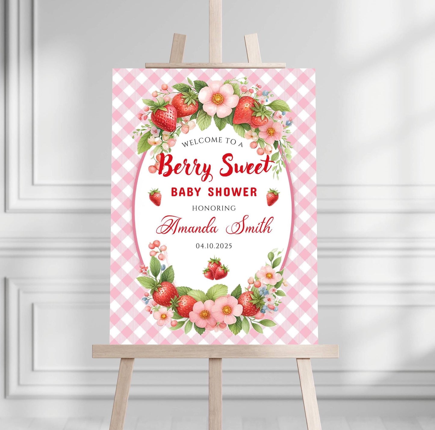 Printed Berry Sweet Baby Shower Foam Board Sign – Strawberry Theme Welcome, Personalized Baby Shower Decor, Girl Baby Shower Decoration