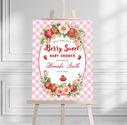 Printed Berry Sweet Baby Shower Foam Board Sign – Strawberry Theme Welcome, Personalized Baby Shower Decor, Girl Baby Shower Decoration